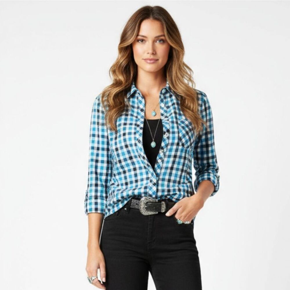 Outdoor Research Blue & White Plaid Gingham Long Sleeve Button Up Top M